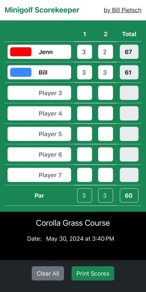 Minigolf Scorekeeper screenshot in portrait mode