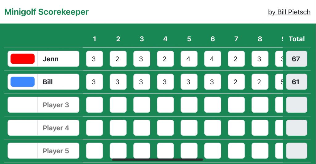 Minigolf Scorekeeper screenshot in landscape mode
